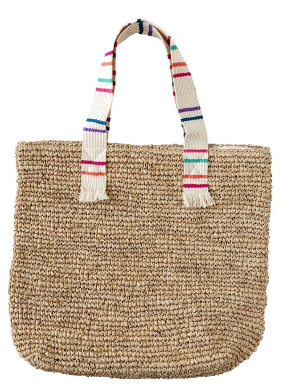 Woven Straw Tote Bag with Multicolor Striped Handles